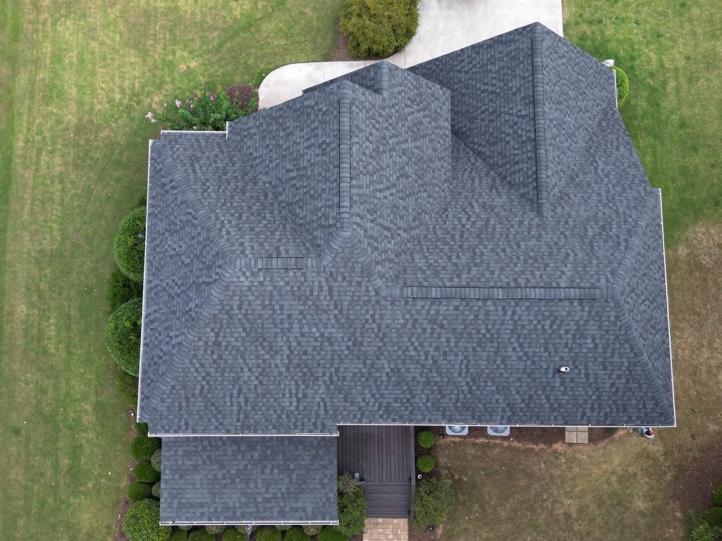 Aerial view of completed Moire Black roof replacement