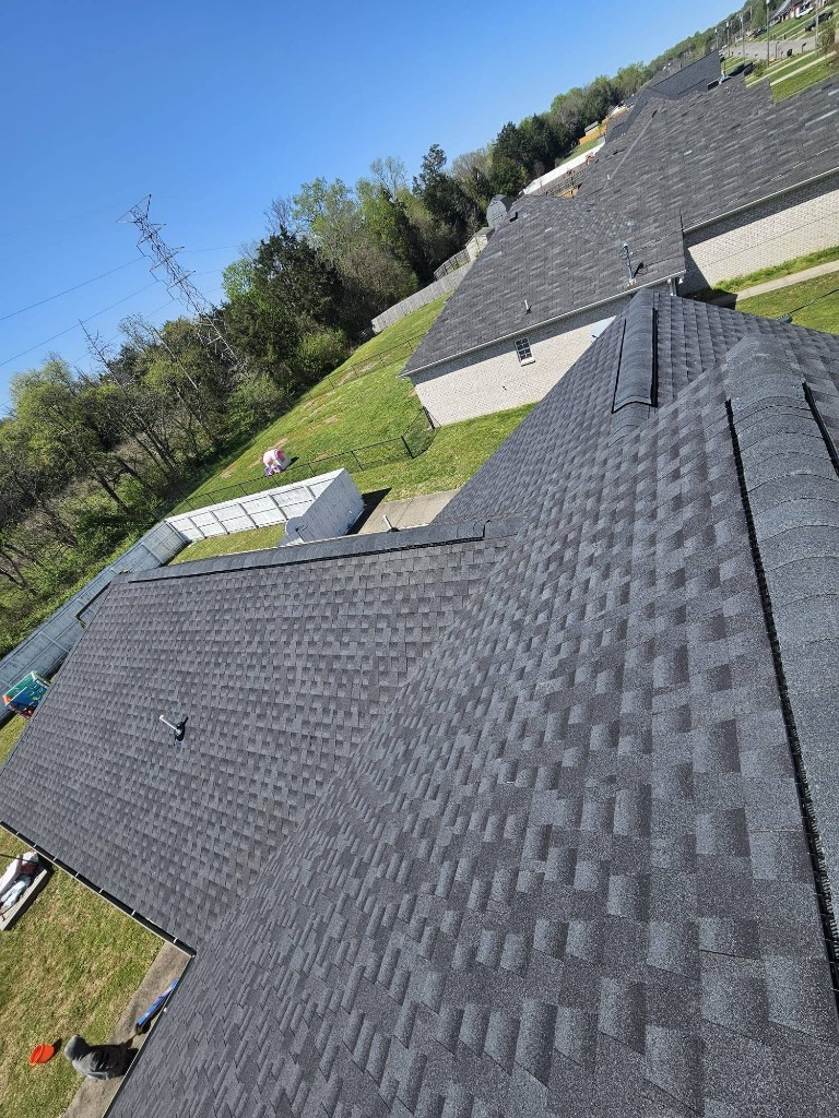 Completed residential shingle roof replacement from alternate roof angle